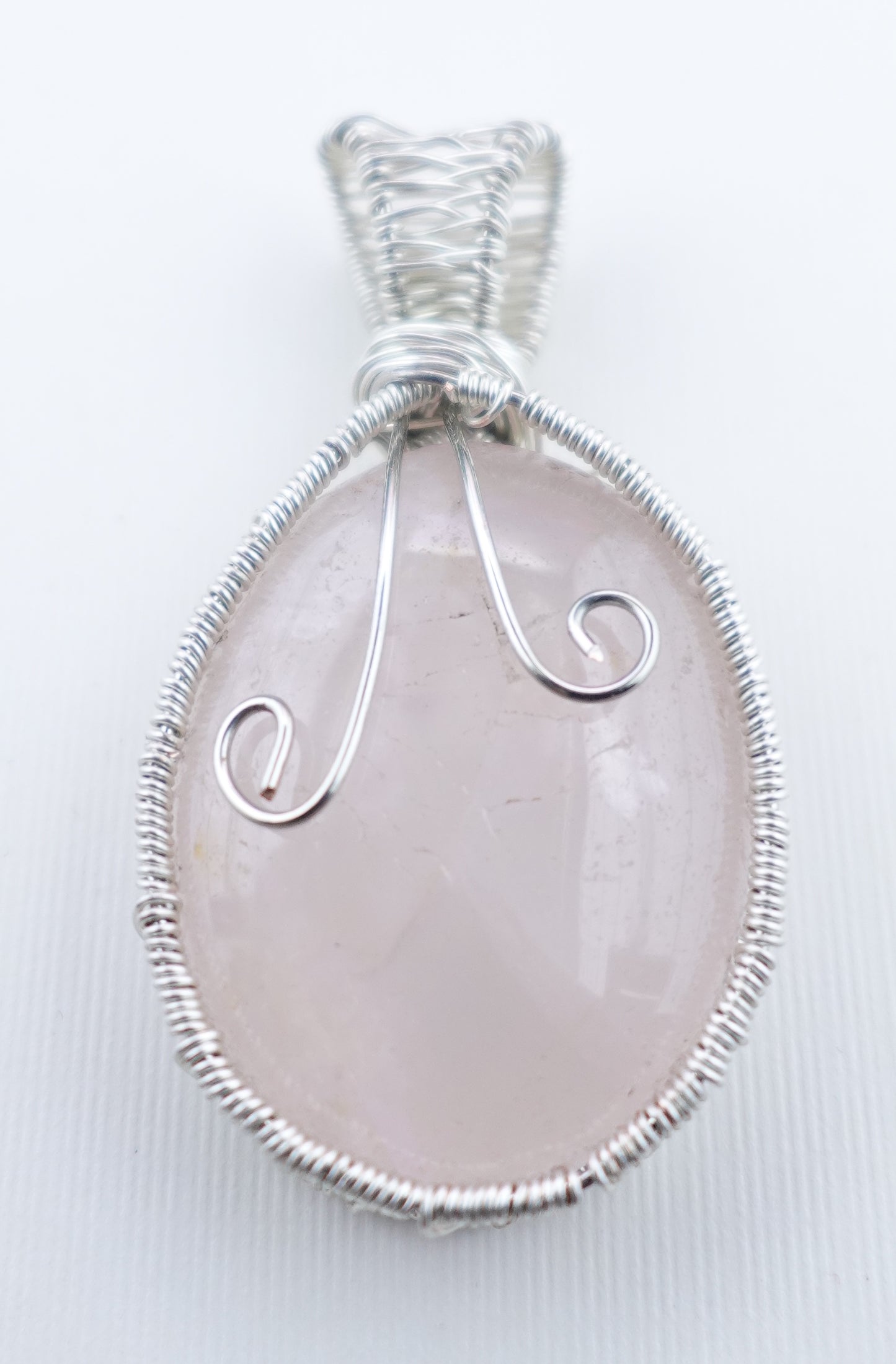 Oval Rose Quartz Worry Stone Pendant Wrapped in Silver Wire